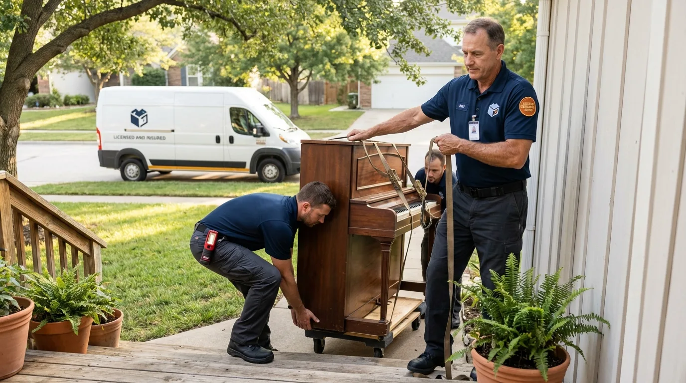 Licensed piano movers securing grand piano in Boutte, LA