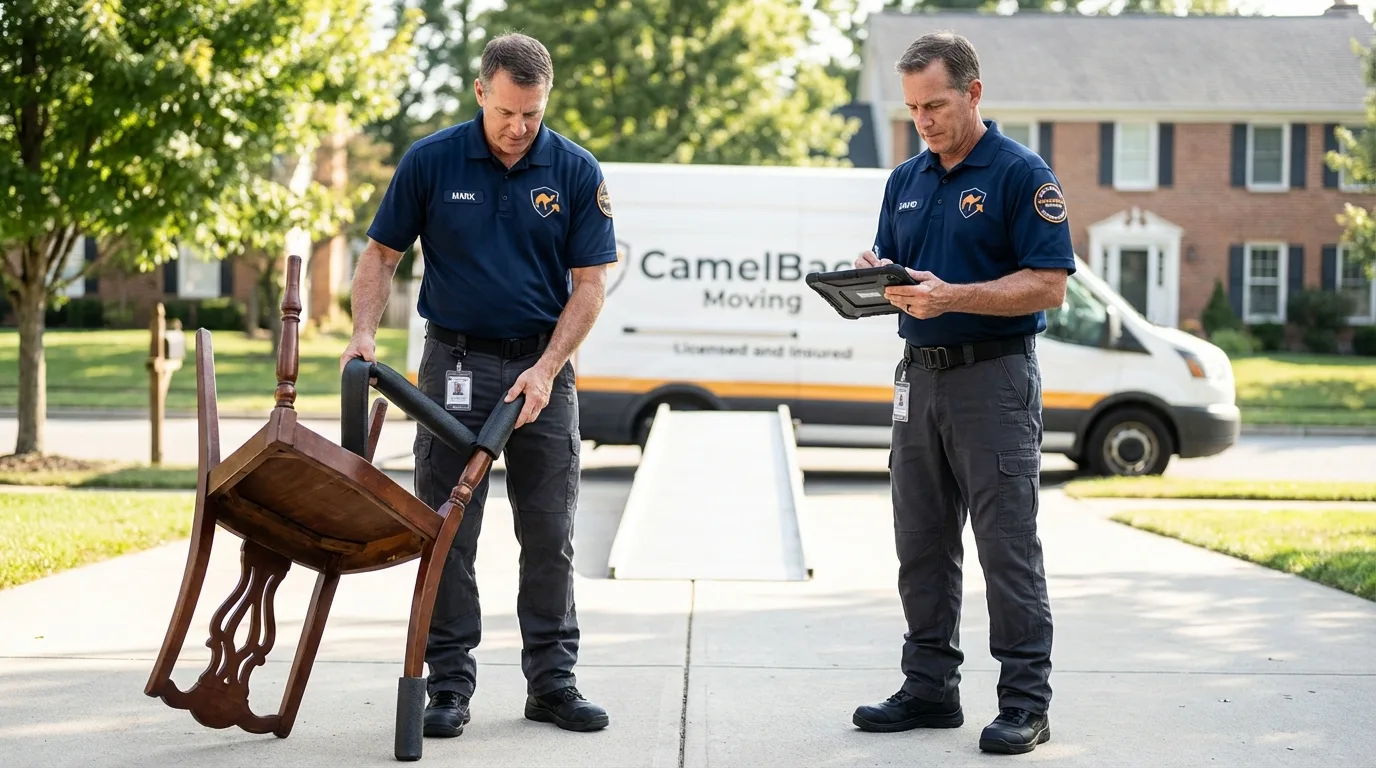 Movers inspecting furniture for damage prevention before loading in Boutte, LA